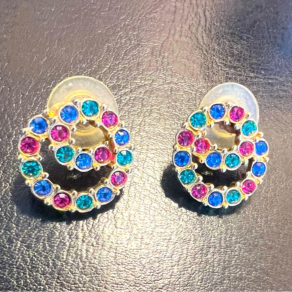 Rare, vintage Swarovski gold plated, multi birthstone pierced earrings.